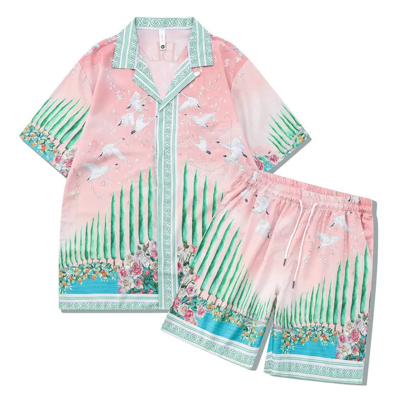 Men's plaid printed beach outfit set showing a short sleeve shirt and matching trousers on a manikin.