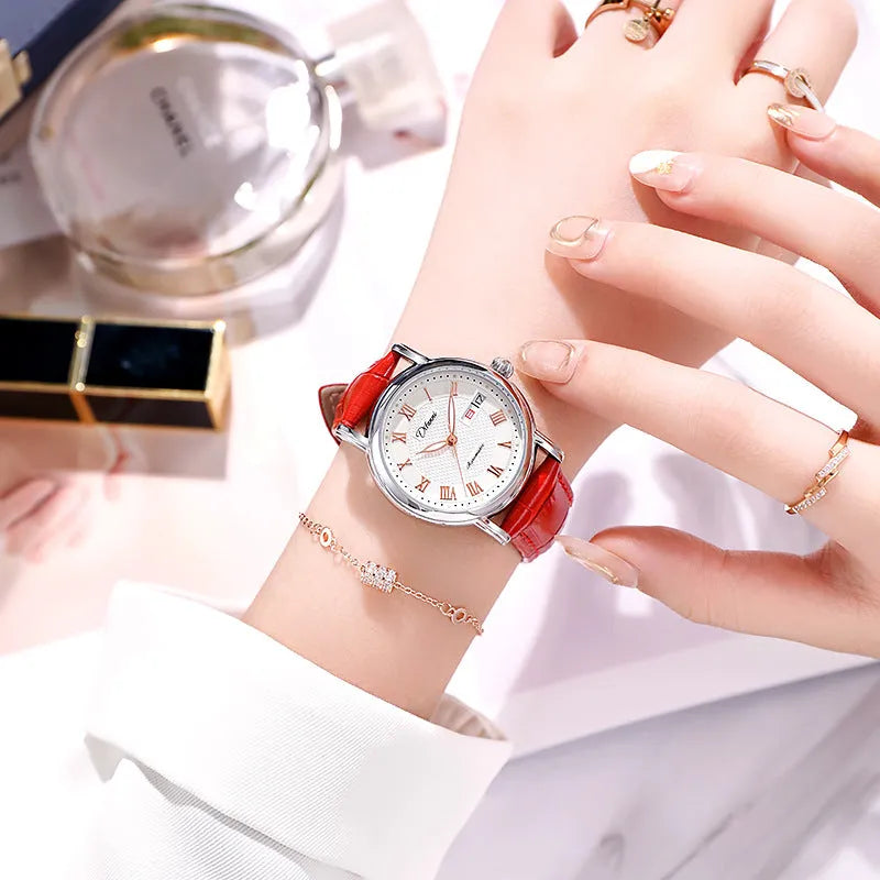 Women's automatic mechanical watch with stainless steel bracelet or leather strap, 12mm thick case.