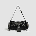Black retro PU leather dumpling handbag with oil wax finish and three-dimensional pocket