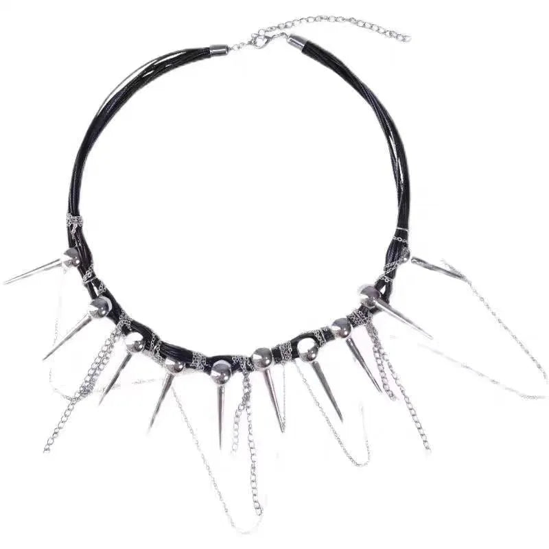 Women's leather tassel necklace with round beads and rivet detailing in electroplated finish