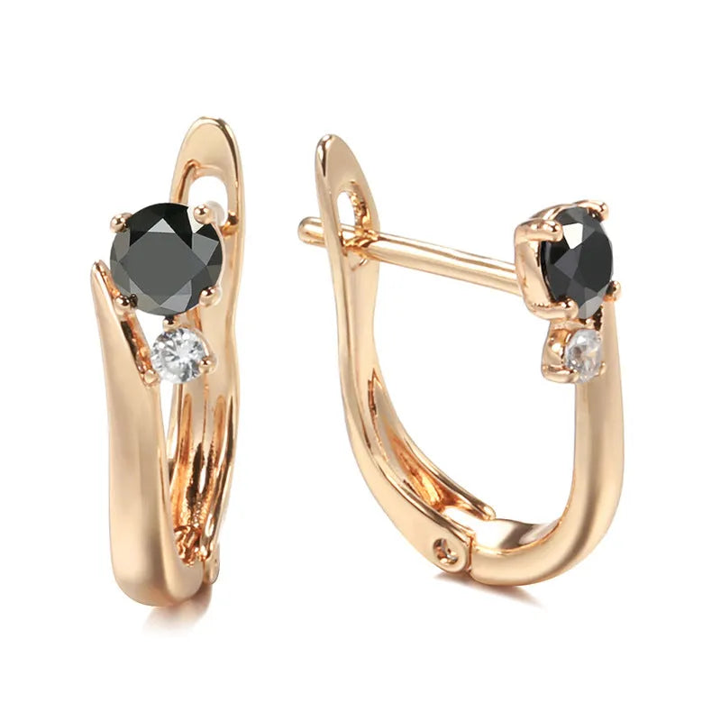 Women's black agate drop earrings with geometric design in gold-plated copper setting