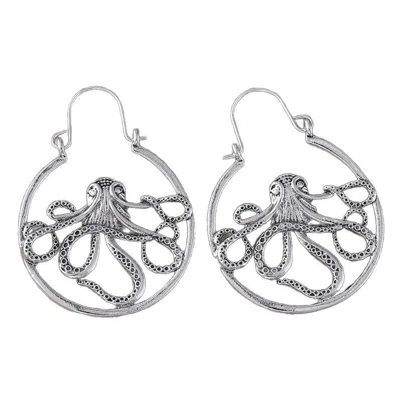 Vintage octopus earrings in antique silver colour with zinc alloy construction and electroplating finish