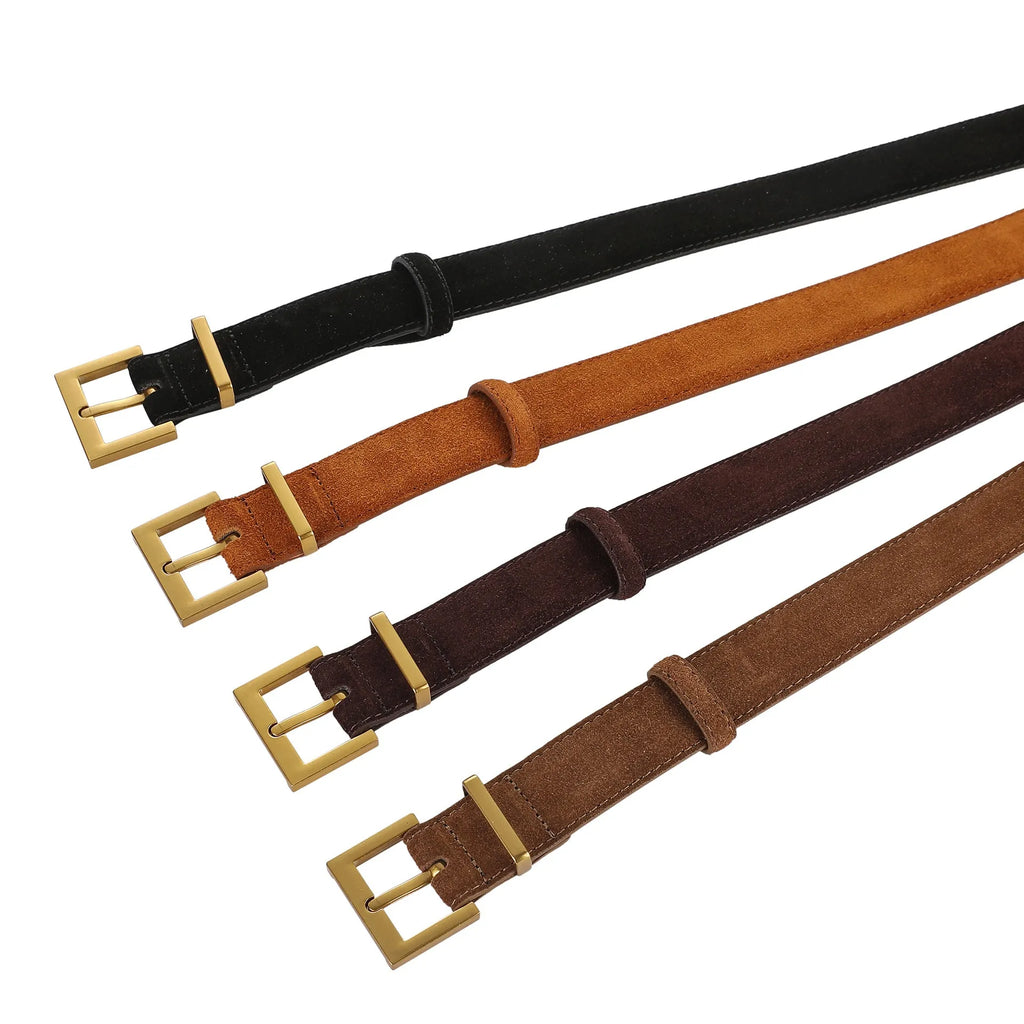 Ladies' black genuine leather belt with a silver alloy quadrilateral pin buckle on a white background.