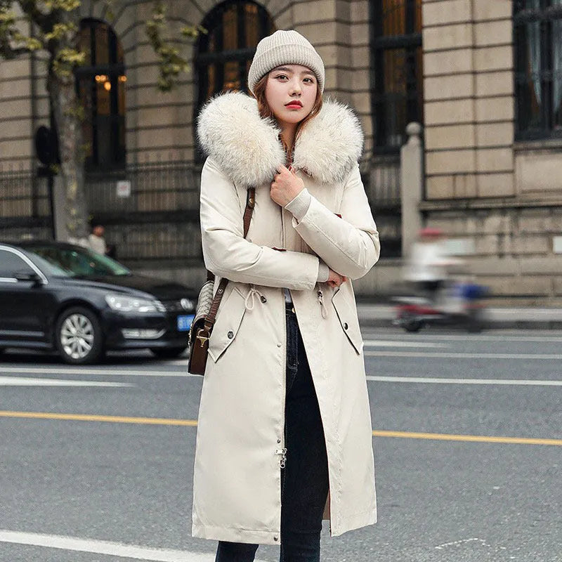 Women's long white fleece trench coat with down cotton filler, shown at 100cm length.