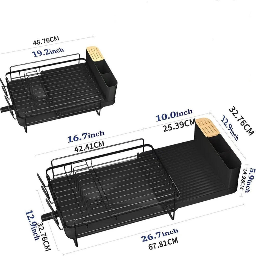 Retractable carbon steel dish rack holding cutlery, knives, forks and cups in modern simplicity style