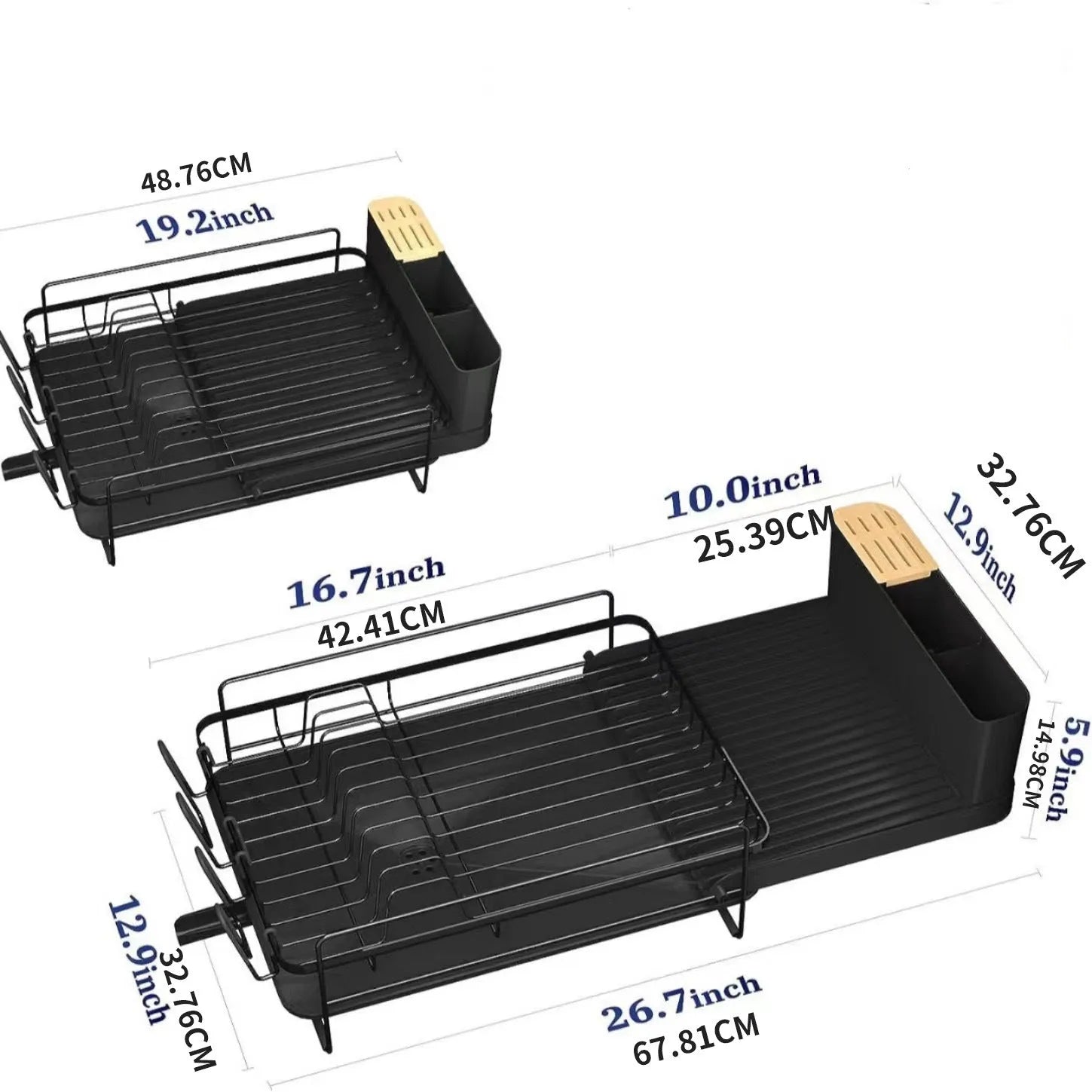 Retractable carbon steel dish rack holding cutlery, knives, forks and cups in modern simplicity style