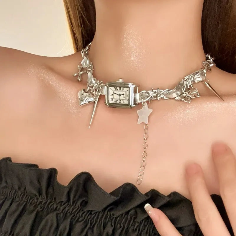 Dark style women's multi-layer cross necklace with twin clavicle chain and adjustable length