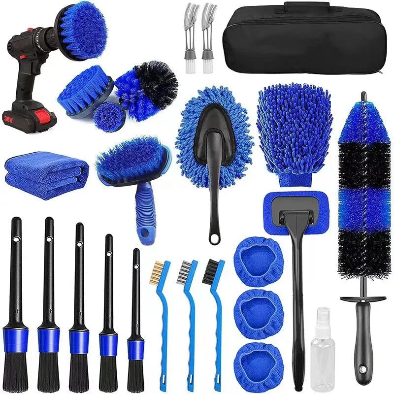 26-piece car wash brush set with PP bristles and multiple brush head designs for automotive cleaning