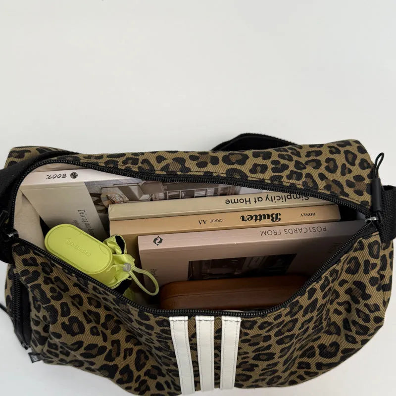 Large leopard print sports messenger bag with stripes design and cross-body strap