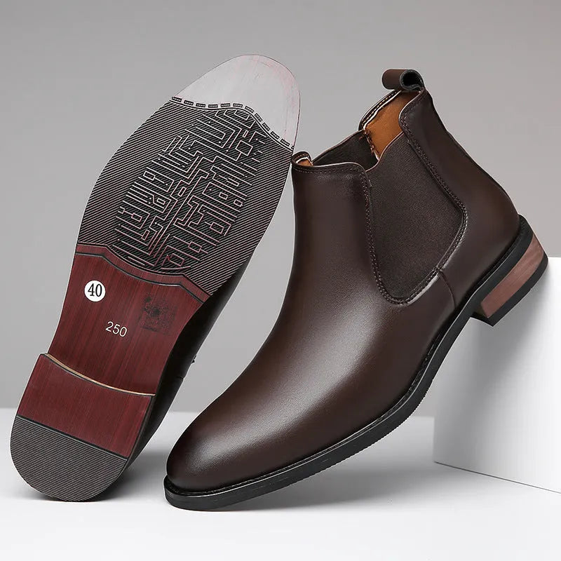 Men's black and light brown pointed toe Chelsea boots with a low heel and artificial PU upper