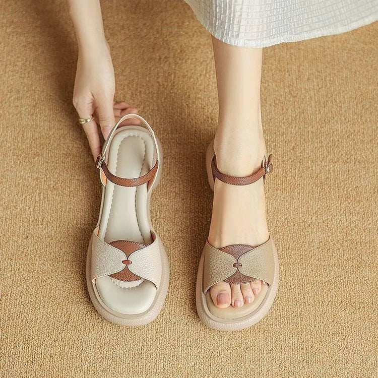Women's chunky heel platform sandals with open toe design in renewable leather