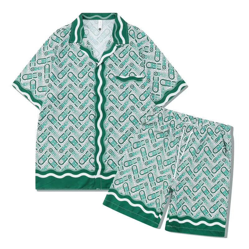 Men's plaid printed beach outfit set showing a short sleeve shirt and matching trousers on a manikin.