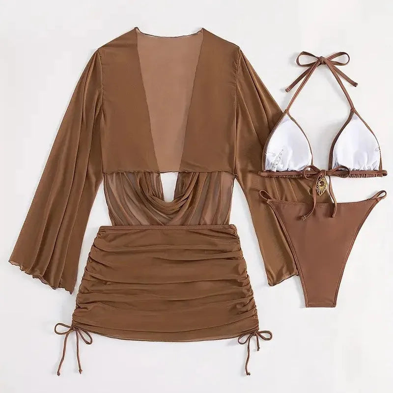 Dark brown women's lace-up bikini swimsuit set on a mannequin, showing backless design.