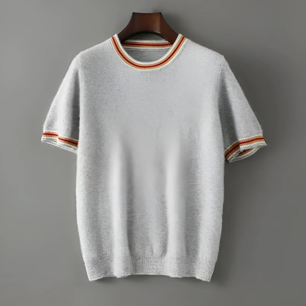 Men's short sleeve pure wool sweater round neck pullover in white gray or black