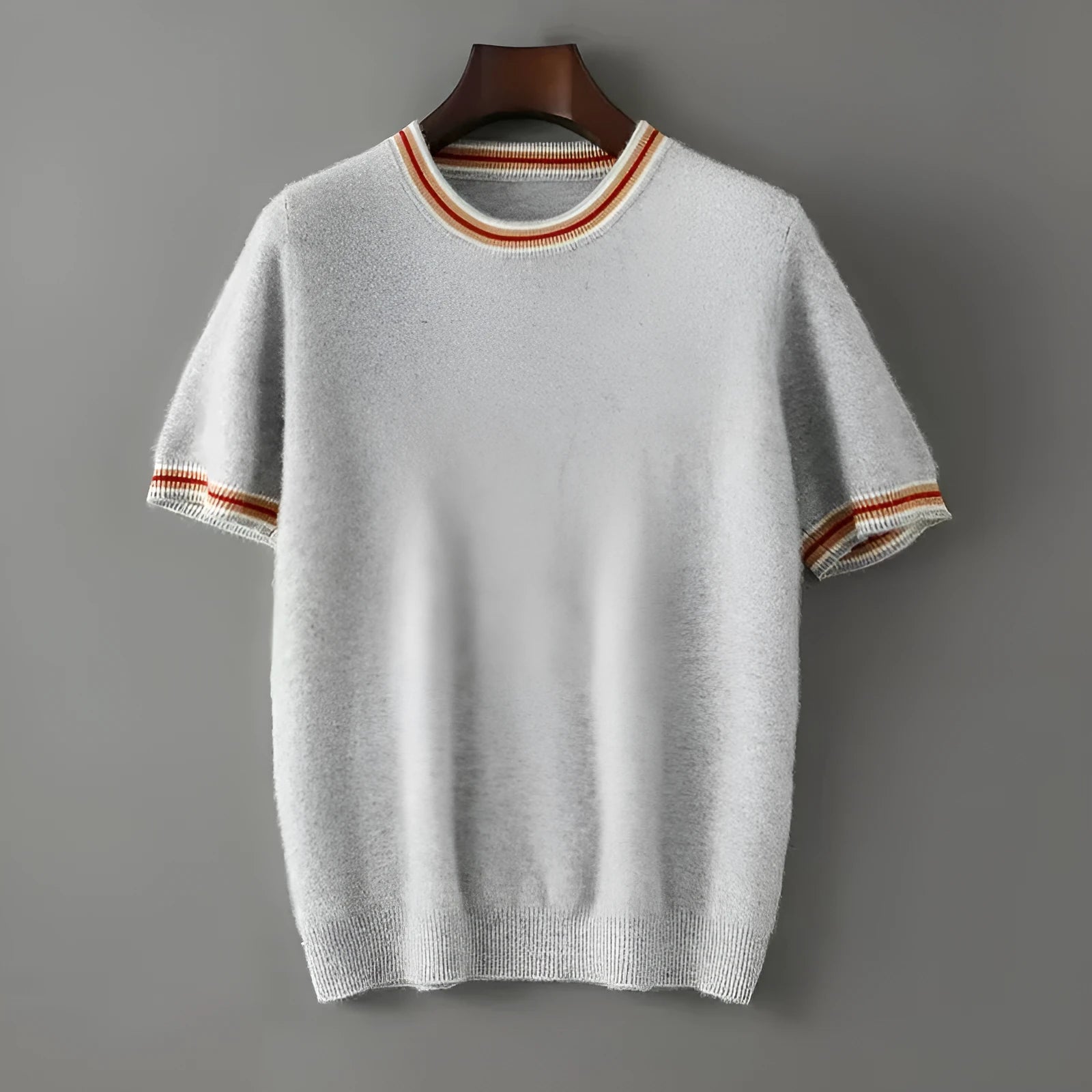 Men's short sleeve pure wool sweater round neck pullover in white gray or black