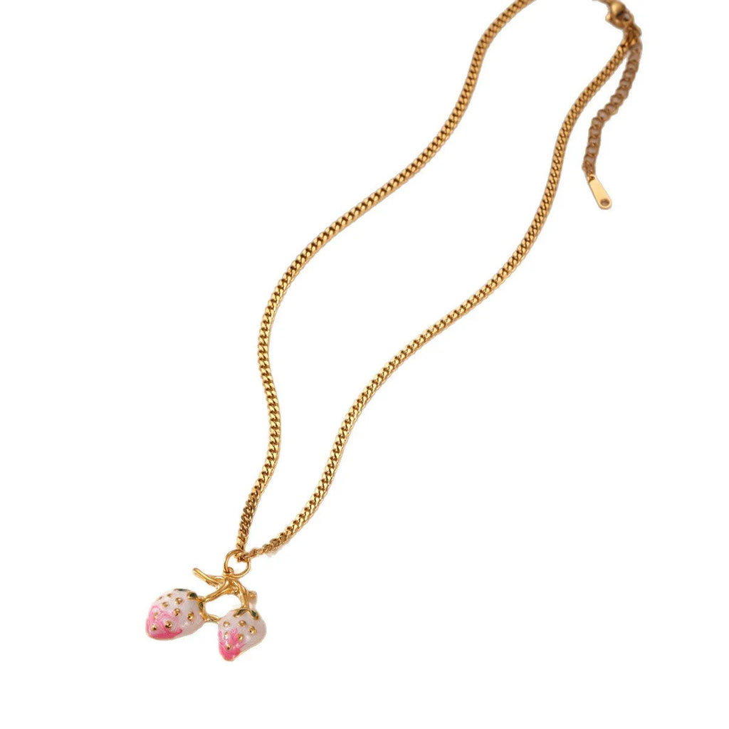 Stainless steel strawberry pendant necklace on alloy chain in red or white gradient colour
