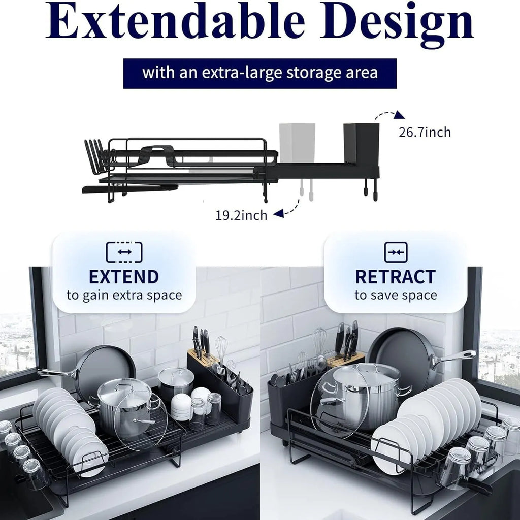 Retractable carbon steel dish rack holding cutlery, knives, forks and cups in modern simplicity style