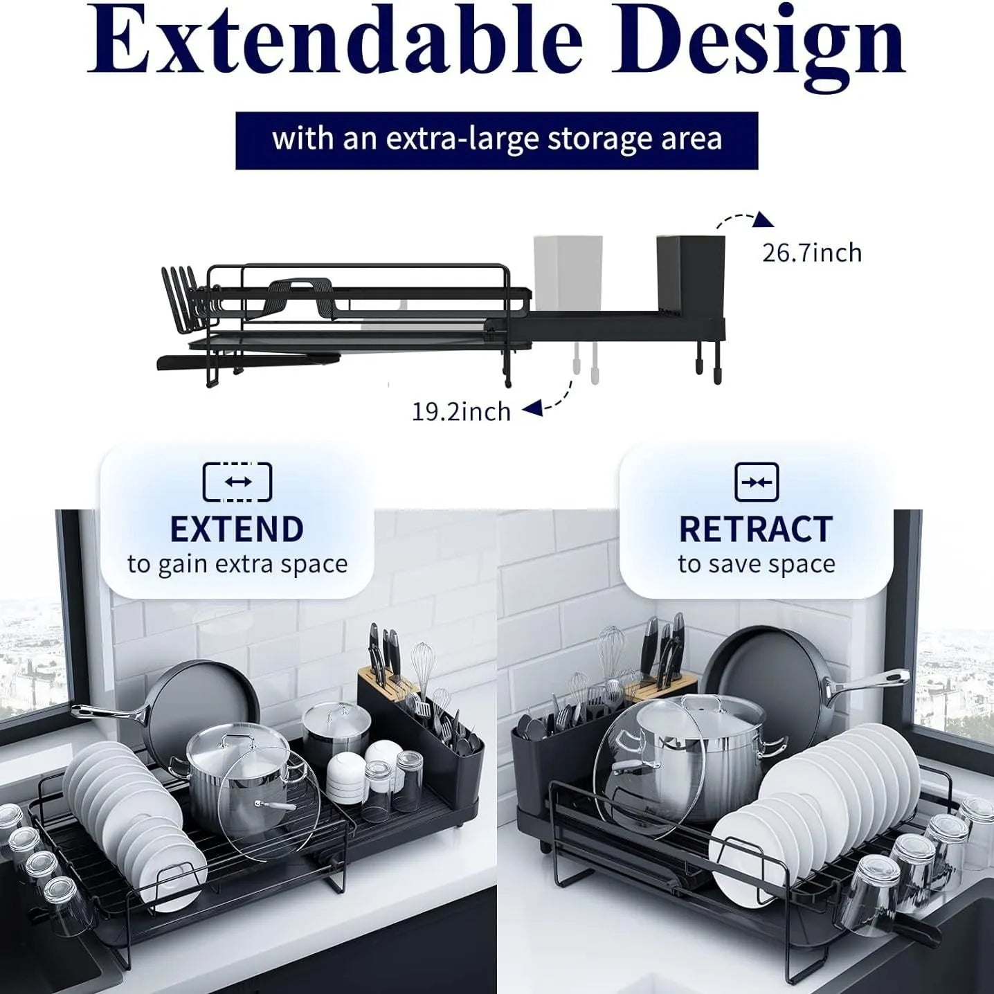 Retractable carbon steel dish rack holding cutlery, knives, forks and cups in modern simplicity style