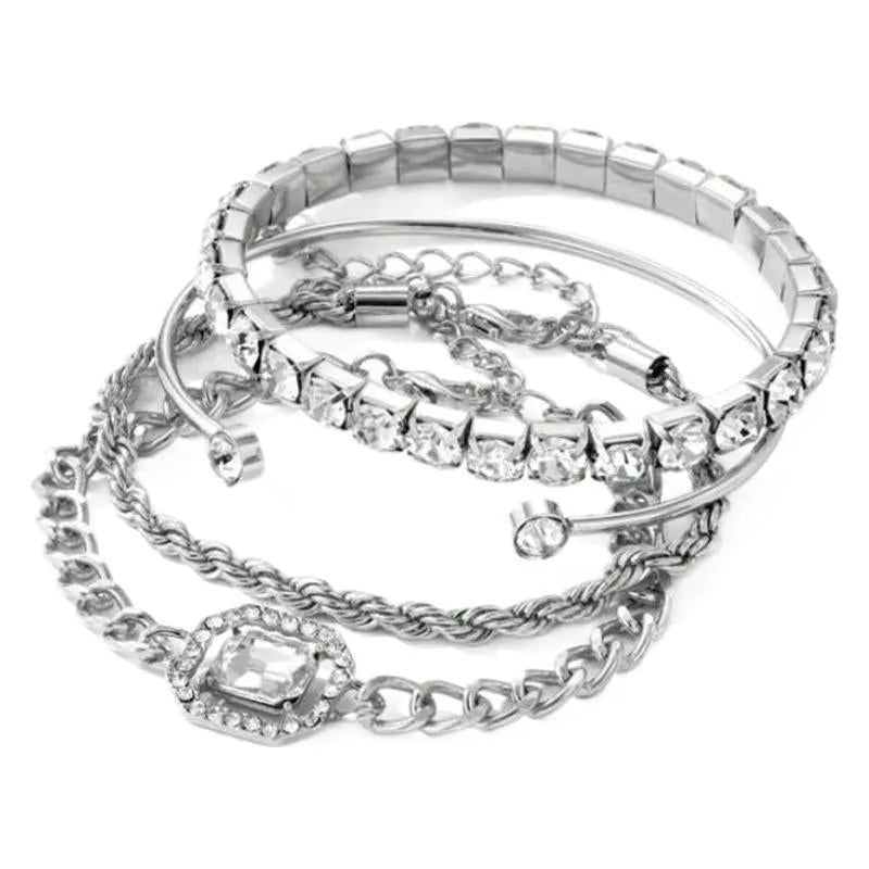 Four-piece alloy jewellery set with retro geometric square diamond links in gold and silver tones