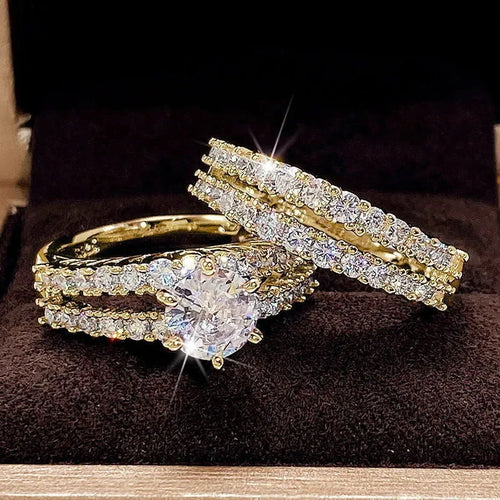 2 in 1 female fashion ring set with diamond treatment in silver, gold, and rose gold finishes