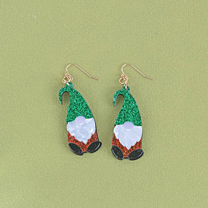 Acrylic Santa Claus cartoon character fashion earrings showing red, green, and red-green hat style options.