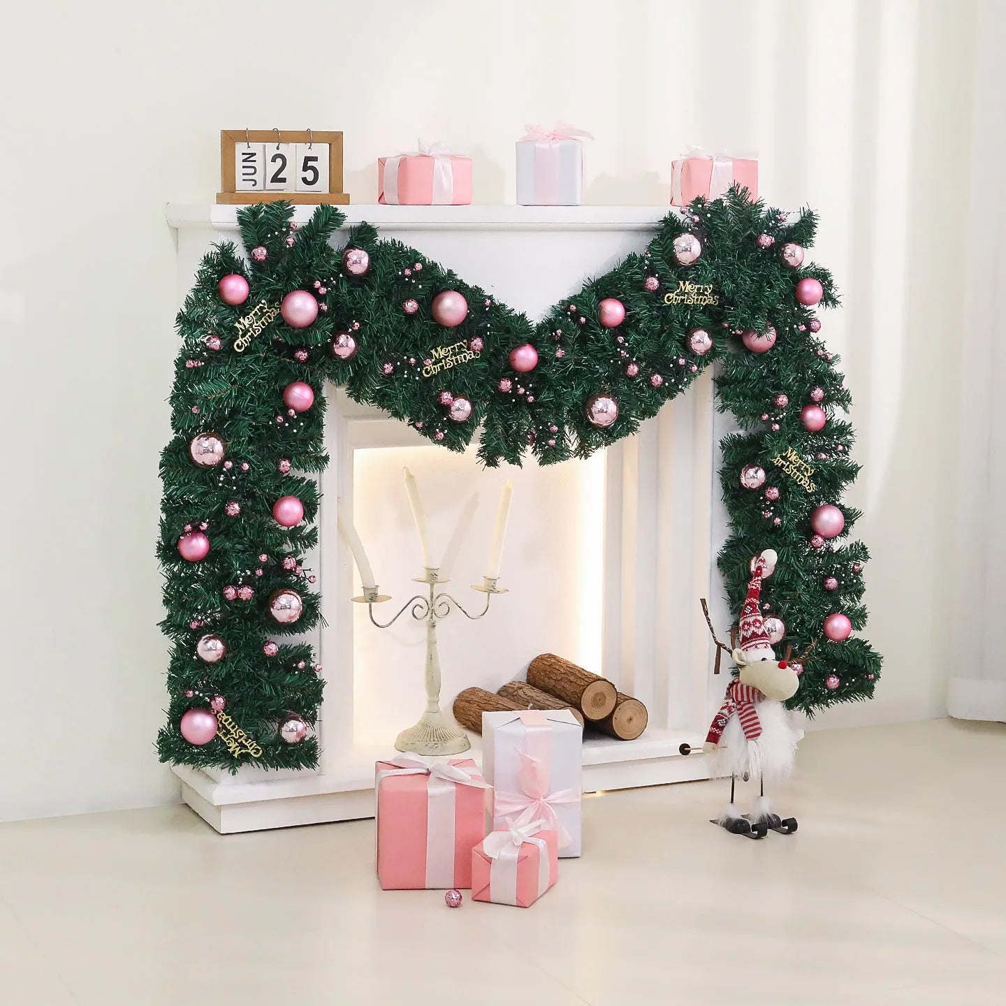 Pink Christmas rattan garland with small fruit detailing, 2.7 metres long with optional lighting