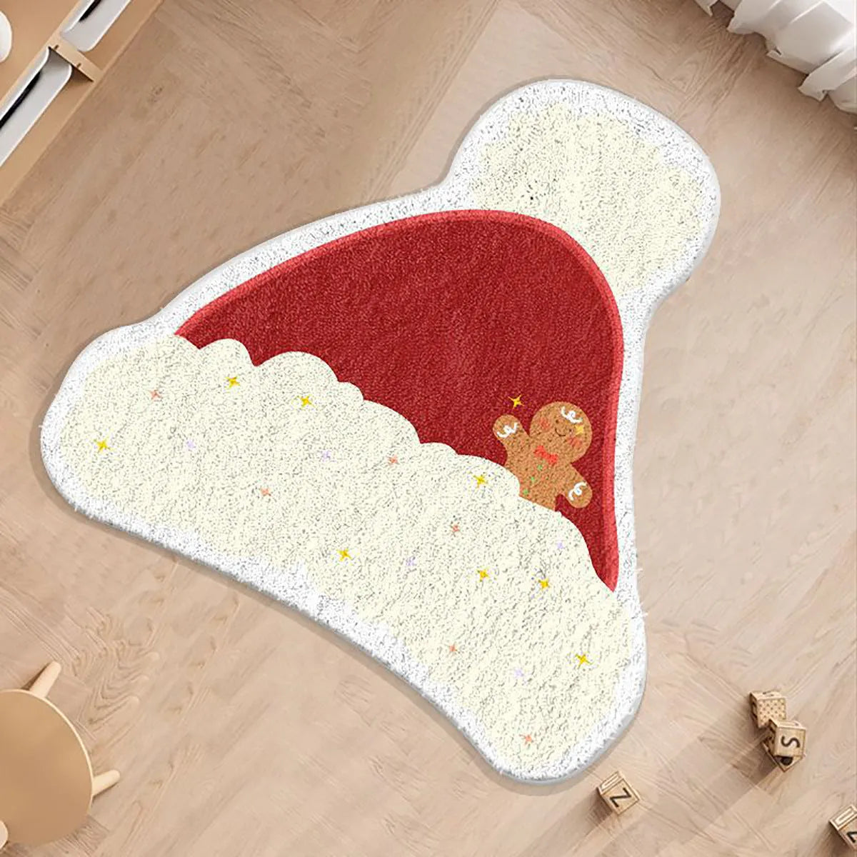 Round red and green Christmas floor mat with gingerbread man and stocking design on imitation cashmere material