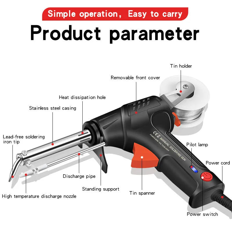 G102 soldering gun kit with light, black alloy construction, 5-piece set for electronic repair work