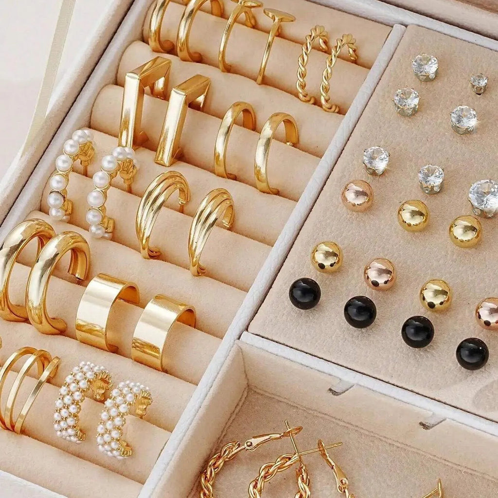 108-piece geometric pearl earring set with gold and yellow electroplated finishes