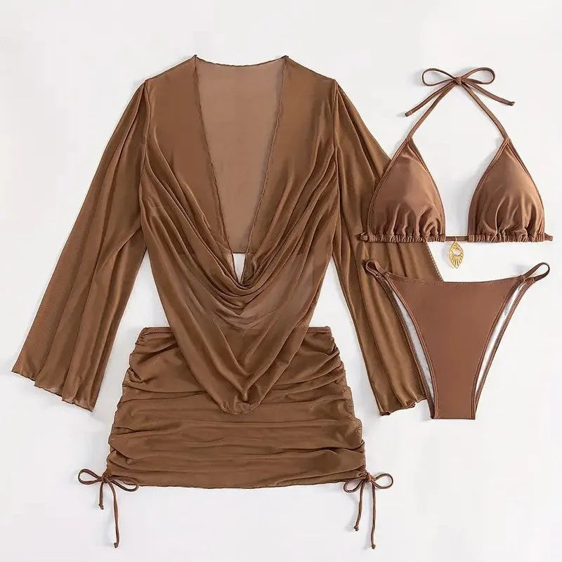 Dark brown women's lace-up bikini swimsuit set on a mannequin, showing backless design.