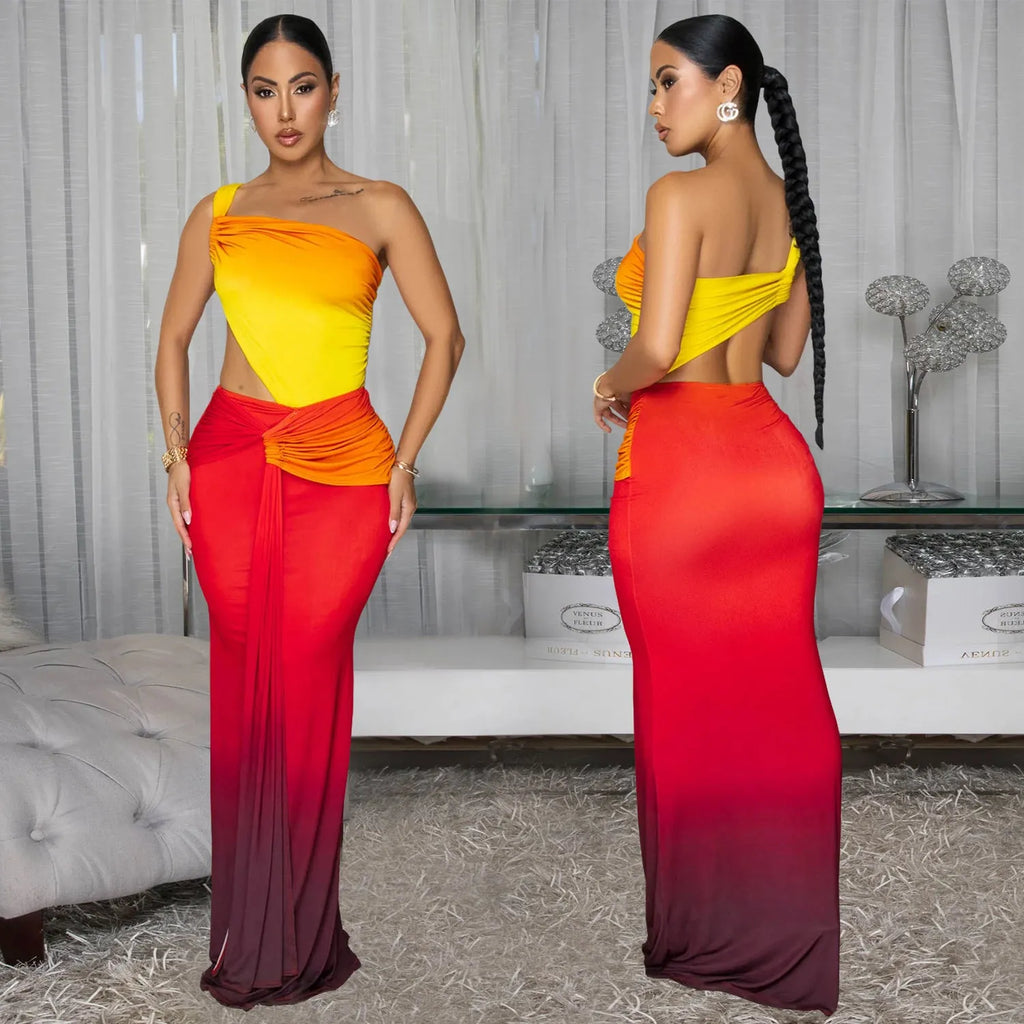 Women's gradient colour cross-shoulder dress with high waist and long skirt in polyester fabric