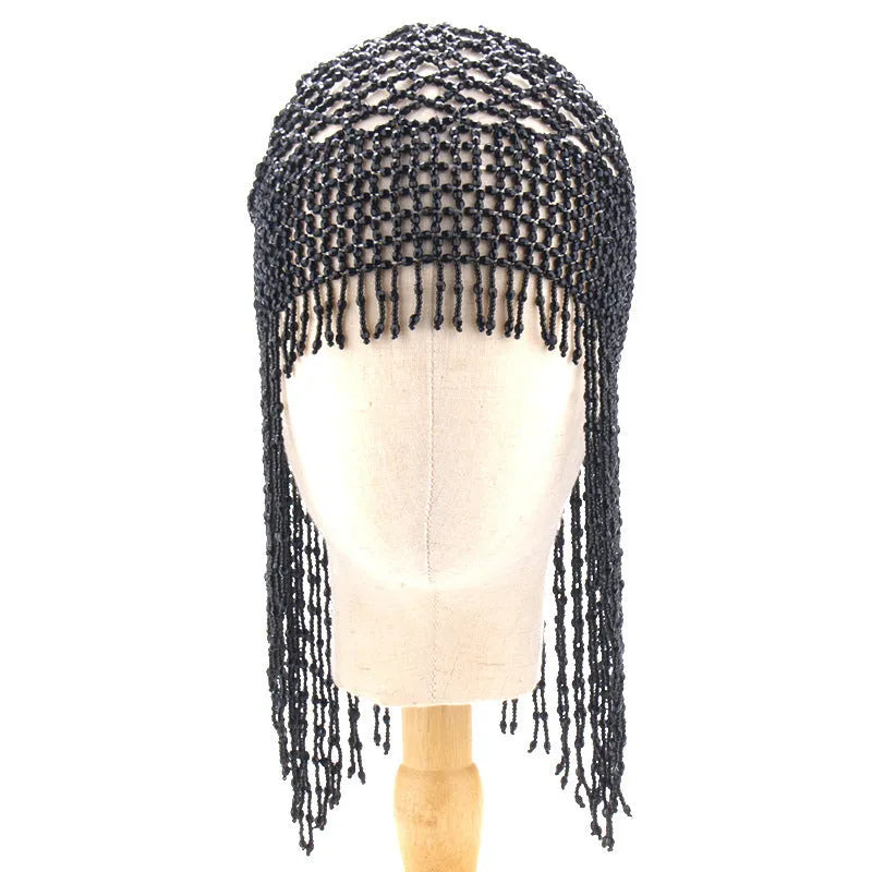 Belly dance hat with handmade beaded alloy construction and decorative tassels