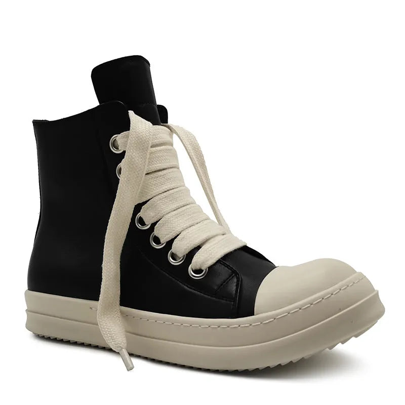Black high-top leather sneakers with side zipper and round toe on a white background