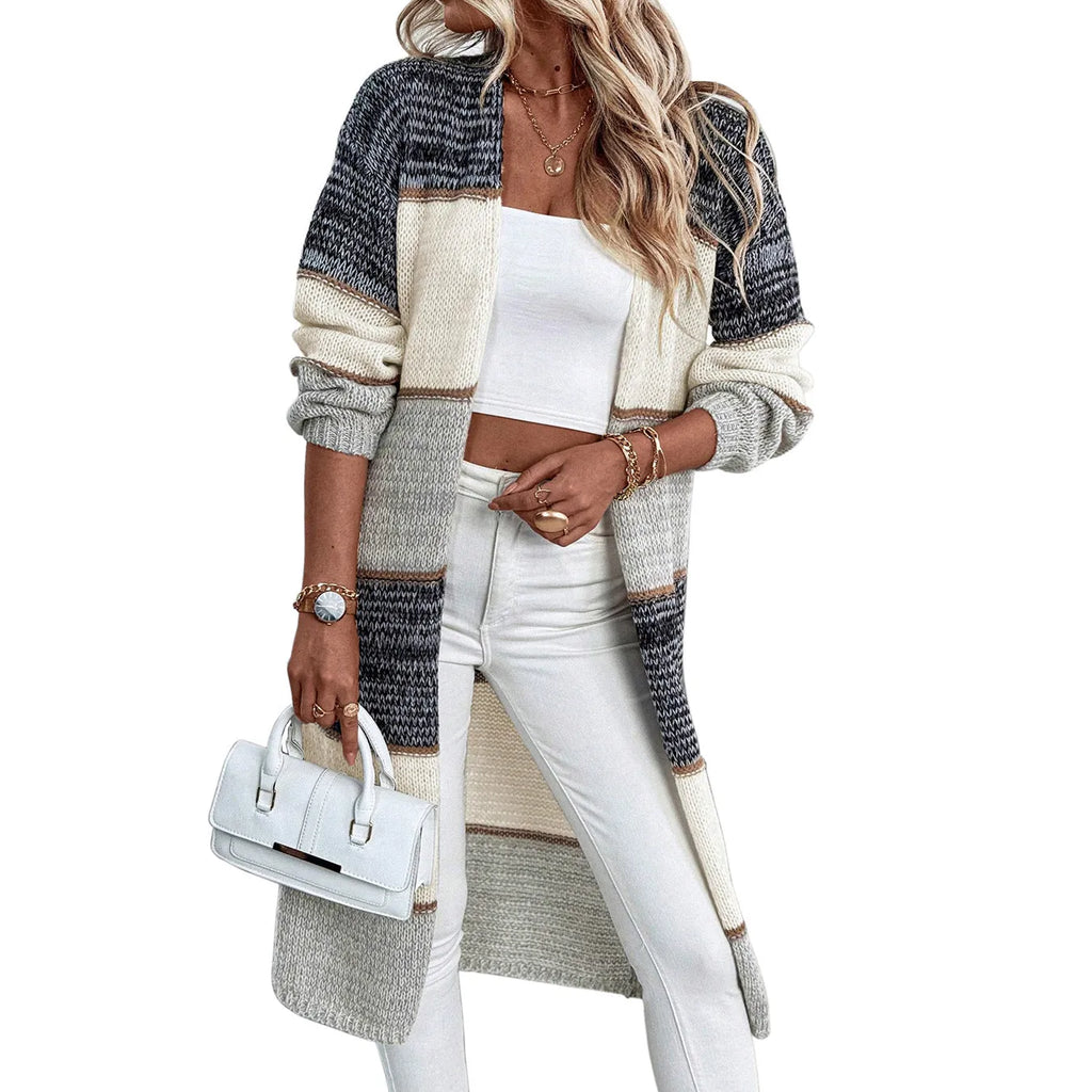 Women's gray knitted long cardigan with striped pattern and loose fit street fashion style