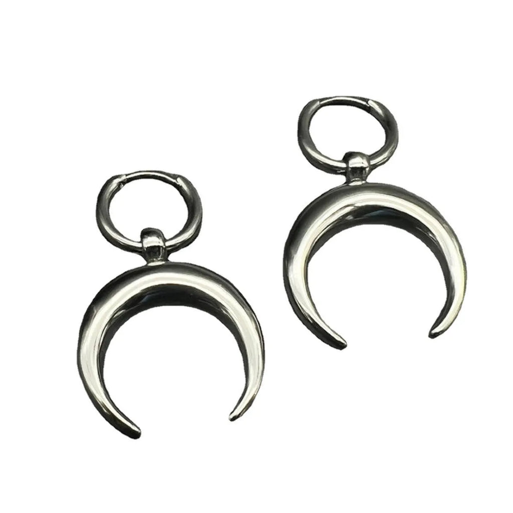 Silver vintage gothic moon big hoop clip earrings with geometric punk design on alloy with 18K purity