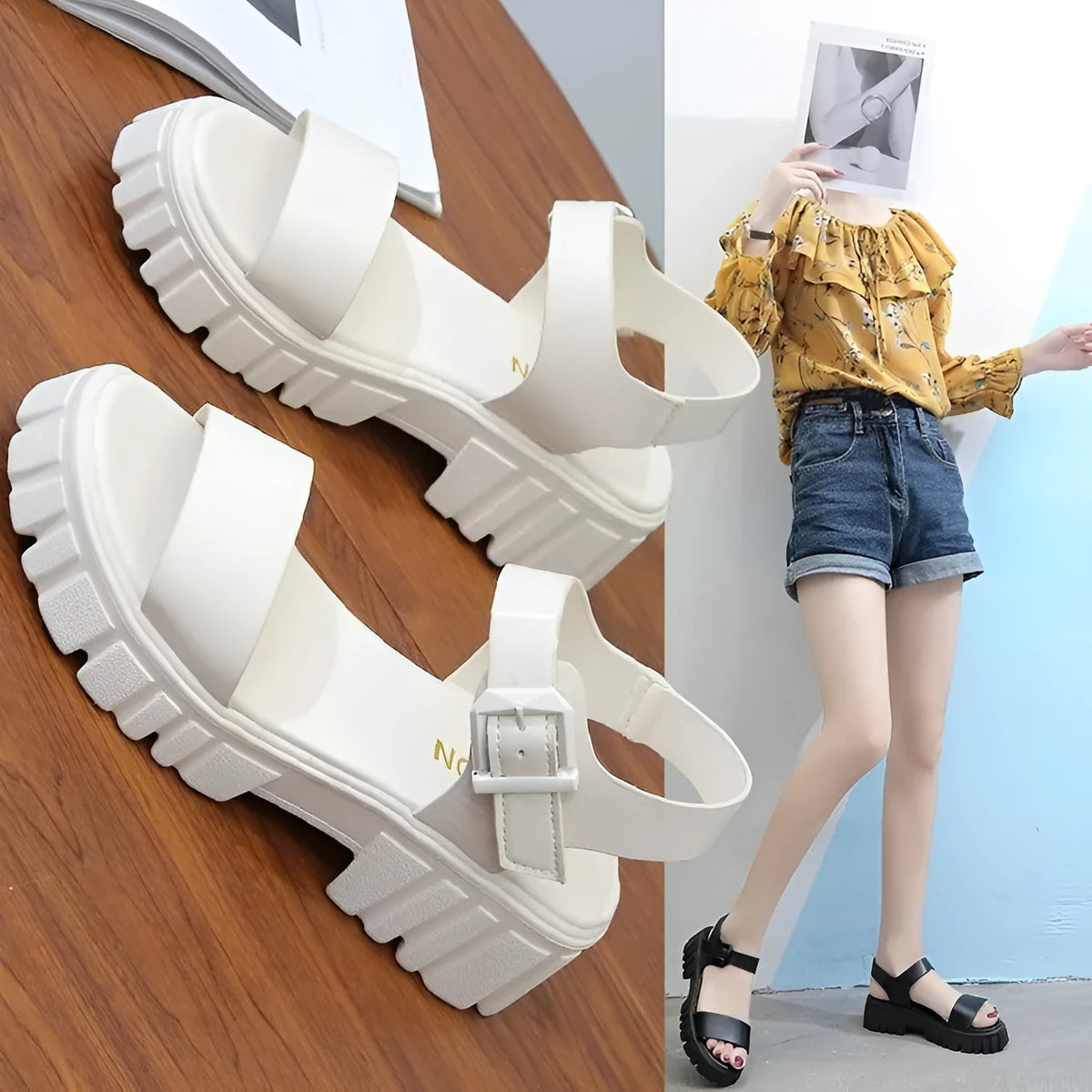 Women's beige ankle-strap buckle platform sandals with fish mouth peep toe design