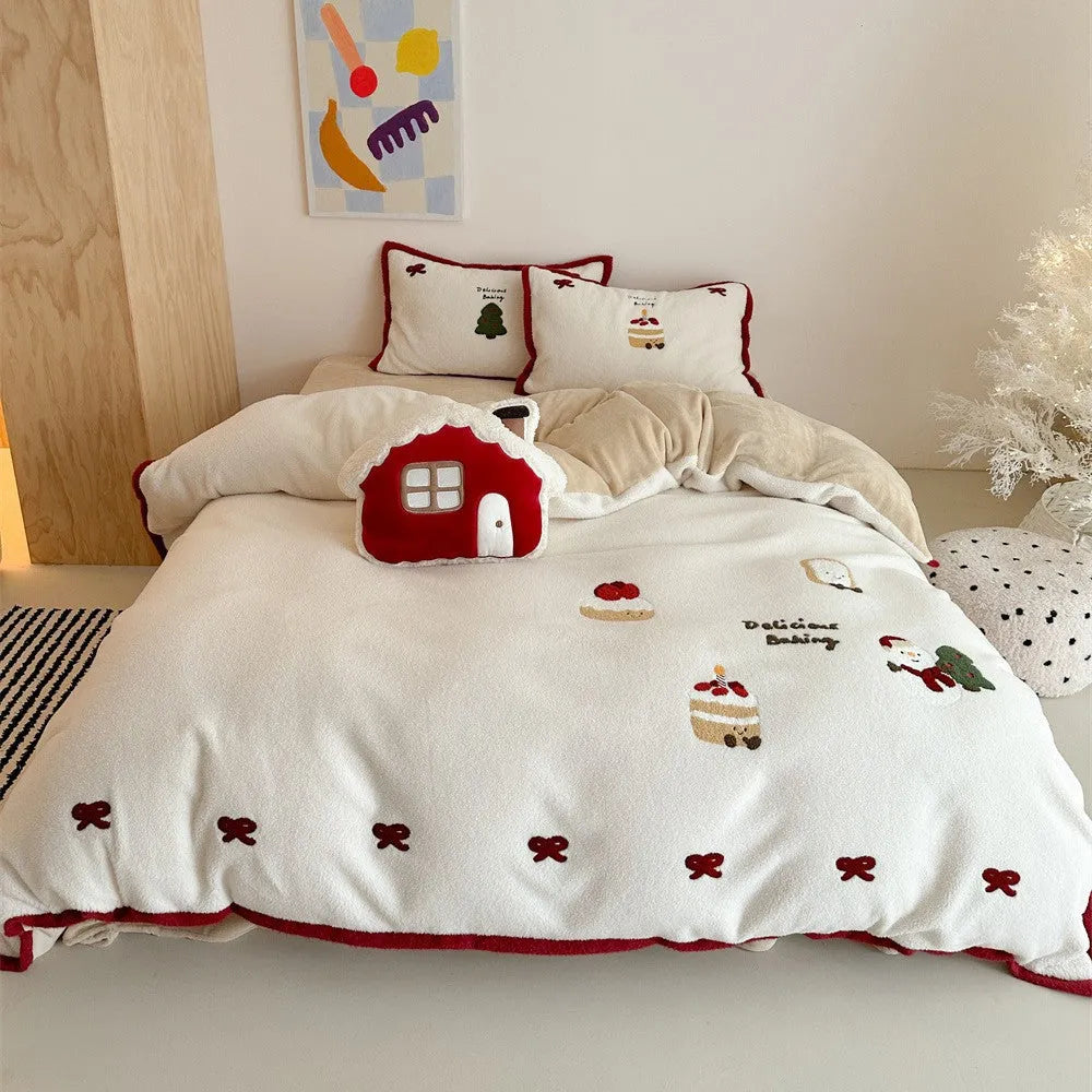 Winter Christmas cartoon bedding four-piece set with Xuefu Milk Pastry pattern in polyester