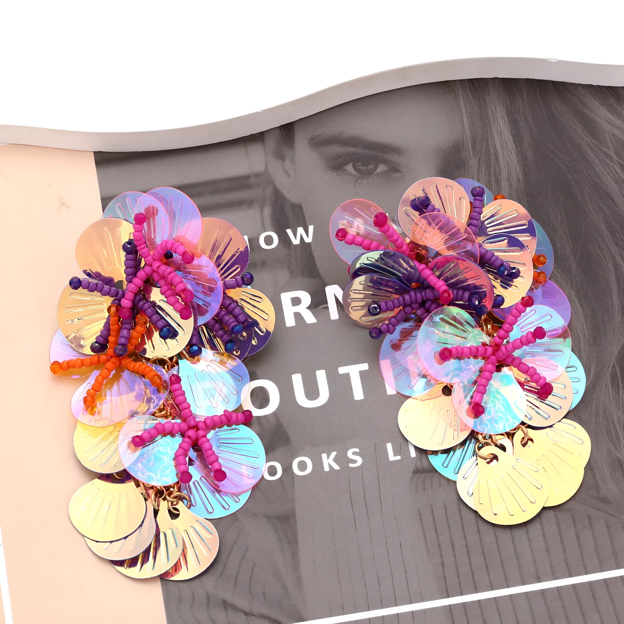 Handmade dopamine bead flower earrings in colourful rose purple designs