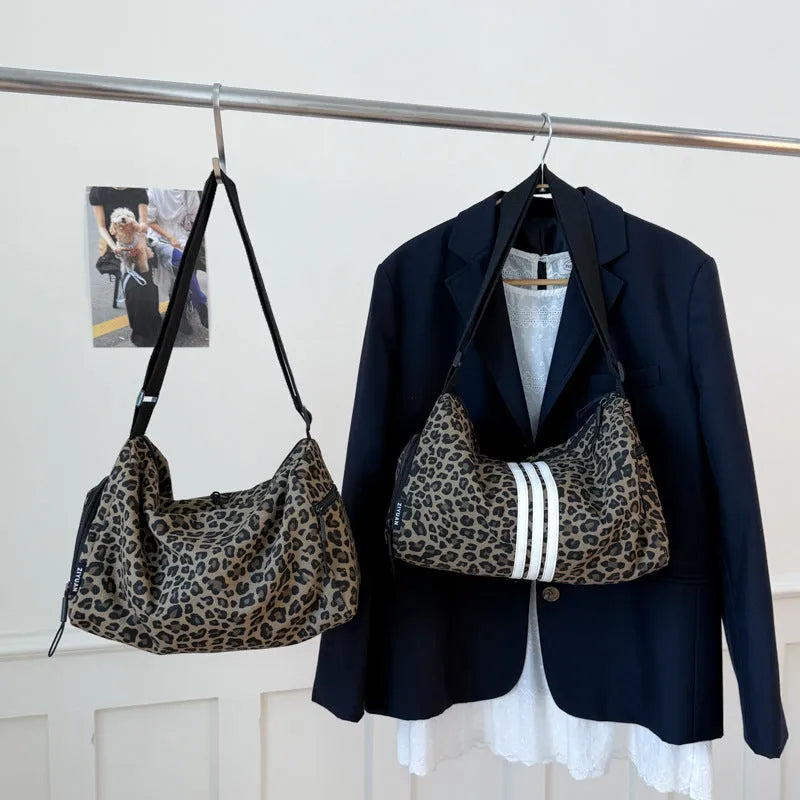 Large leopard print sports messenger bag with stripes design and cross-body strap