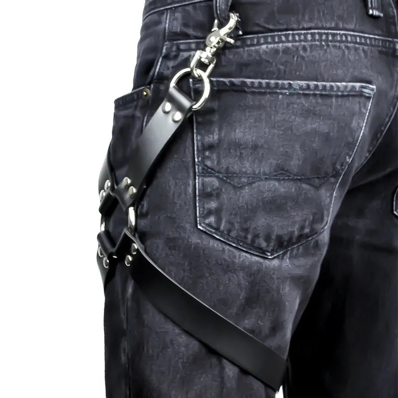 Black leggings with PU leather panels and integrated leather accessories for women's fashion
