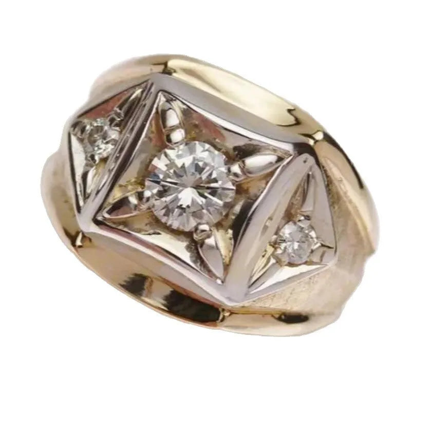 Geometric hollow copper couple rings with chamfered square pattern in gold colour finish