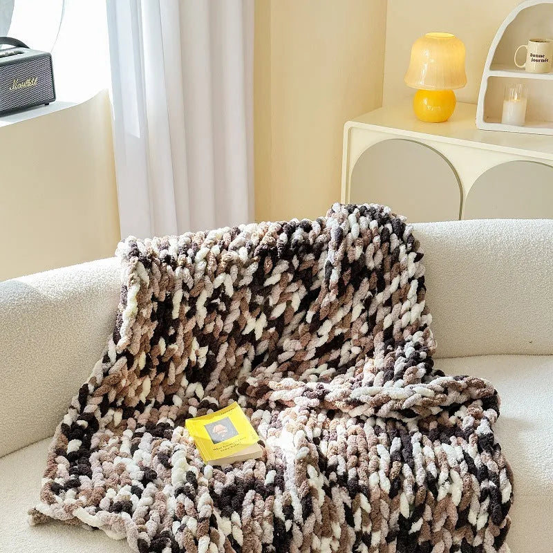 Handmade thick ice bar section dyed striped chenille blanket 130x170cm in winter colours