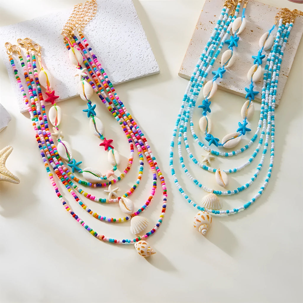 Women's starfish shell bead necklace five-piece set showing blue and multicolour designs with adjustable chains