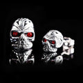 Retro skull stud earrings with red eye detailing and alloy ghost head design