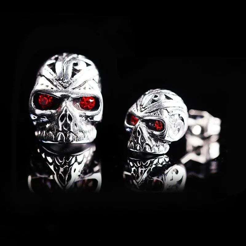 Retro skull stud earrings with red eye detailing and alloy ghost head design