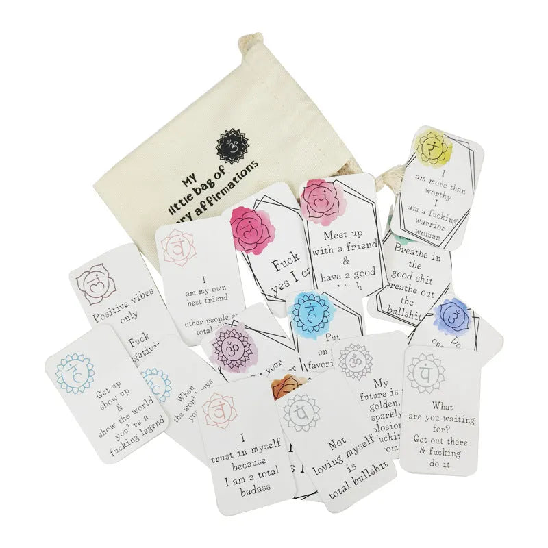 Set of 16 colourful funny affirmation cards in a greeting card bag.