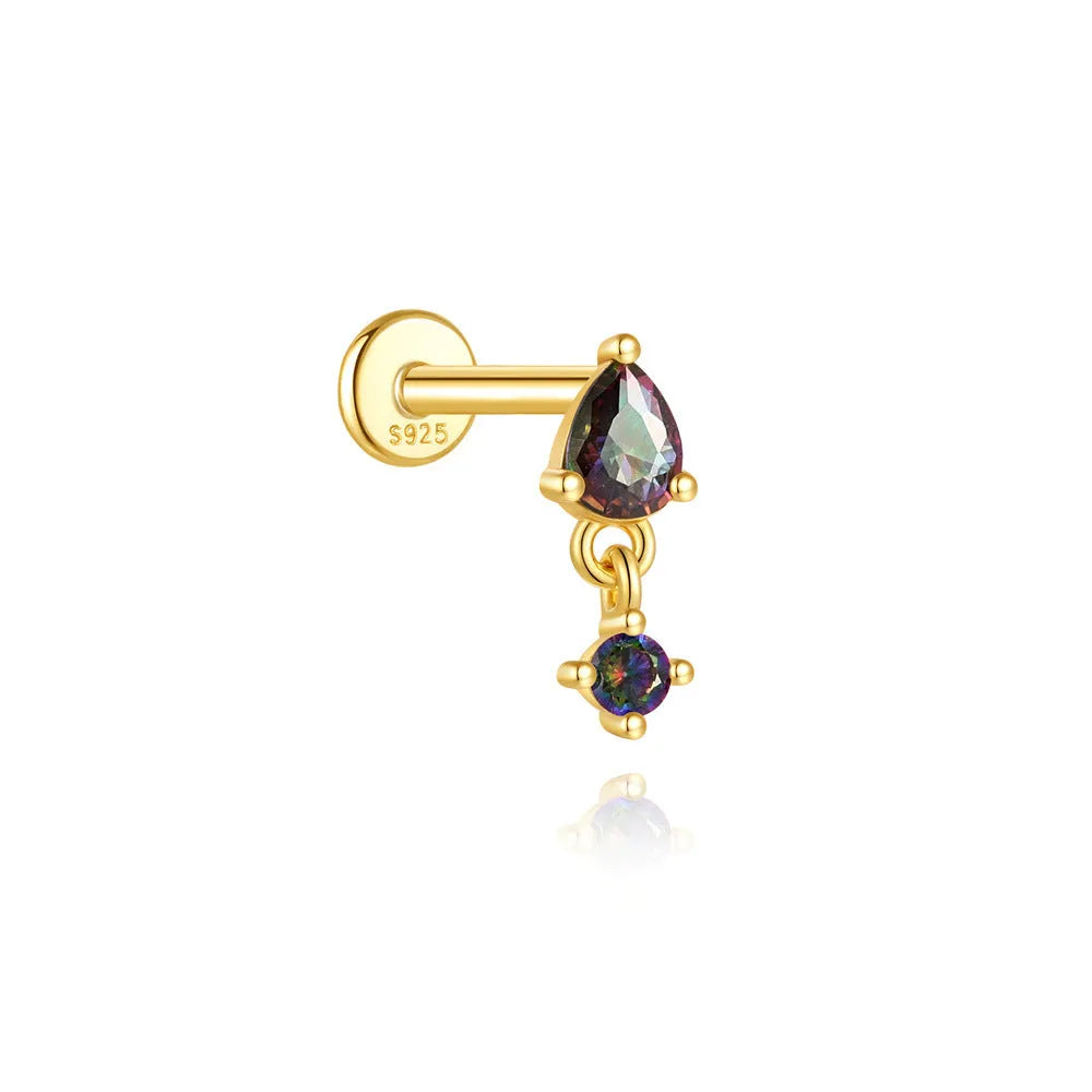 S925 sterling silver pierced earrings with rainbow stone and geometric design in gold colours