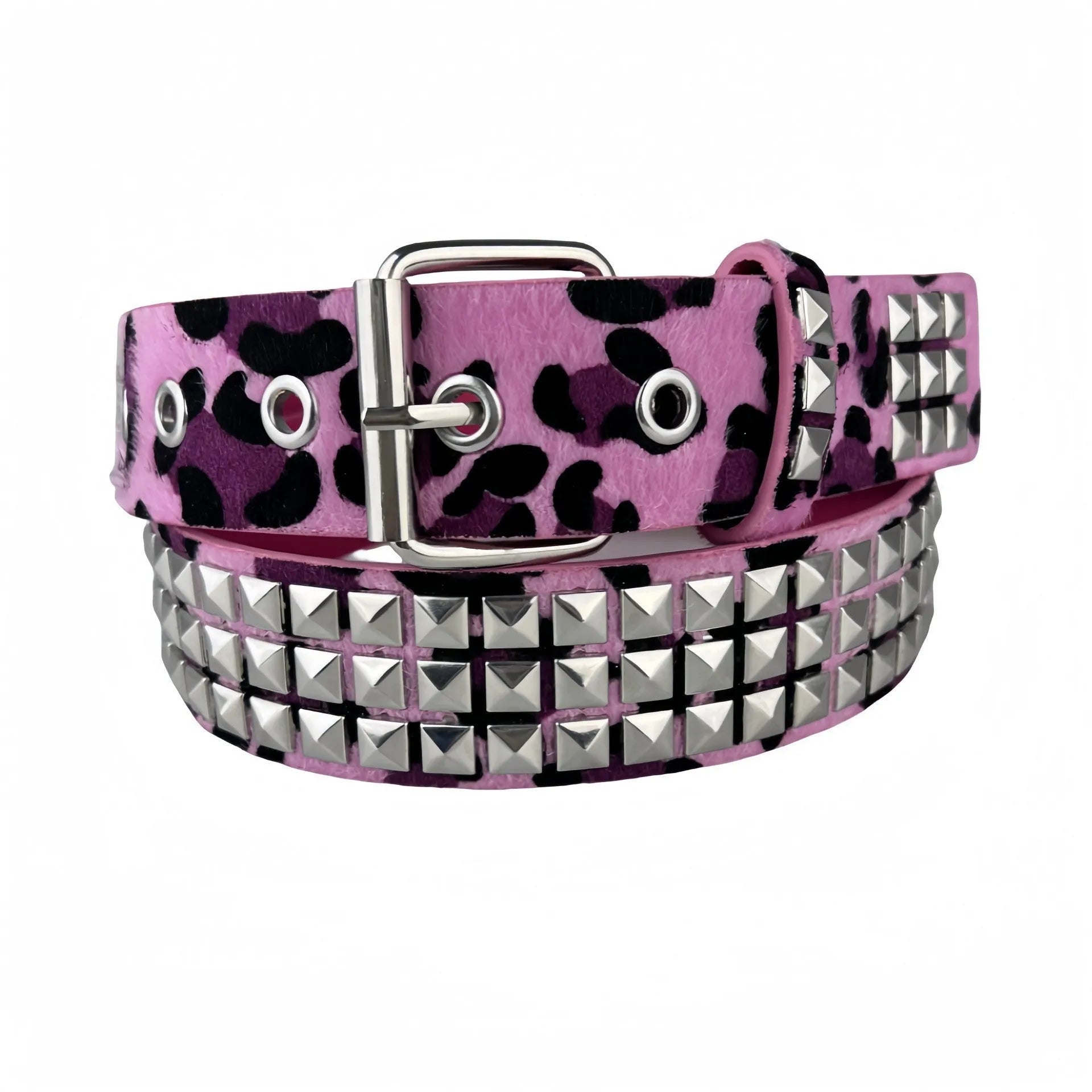 Punk women's PU leather belt with metal rivets and pyramid details in brown leopard, white zebra, or rose red patterns with alloy pin buckle