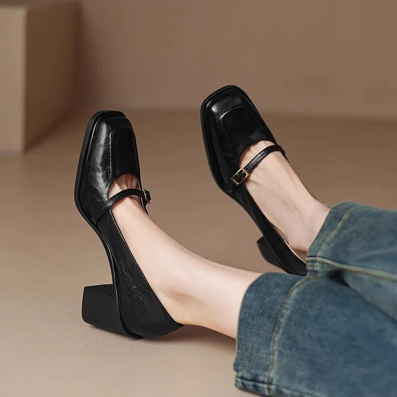 Women's retro square toe high heel pumps in black or dark brown with buckle fastening, sizes 35 to 40