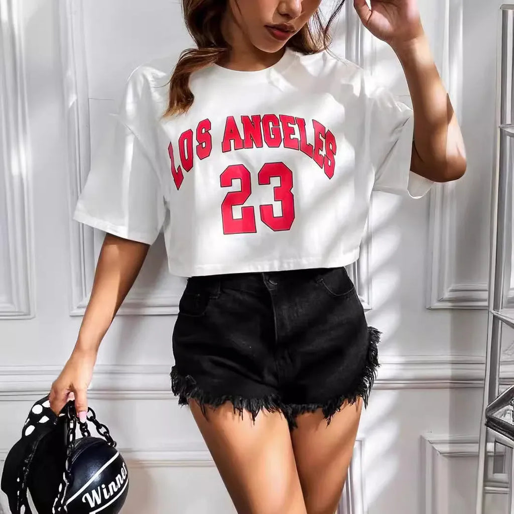 Cotton t-shirt with English letter printing, loose fit, short sleeves, exposed navel design